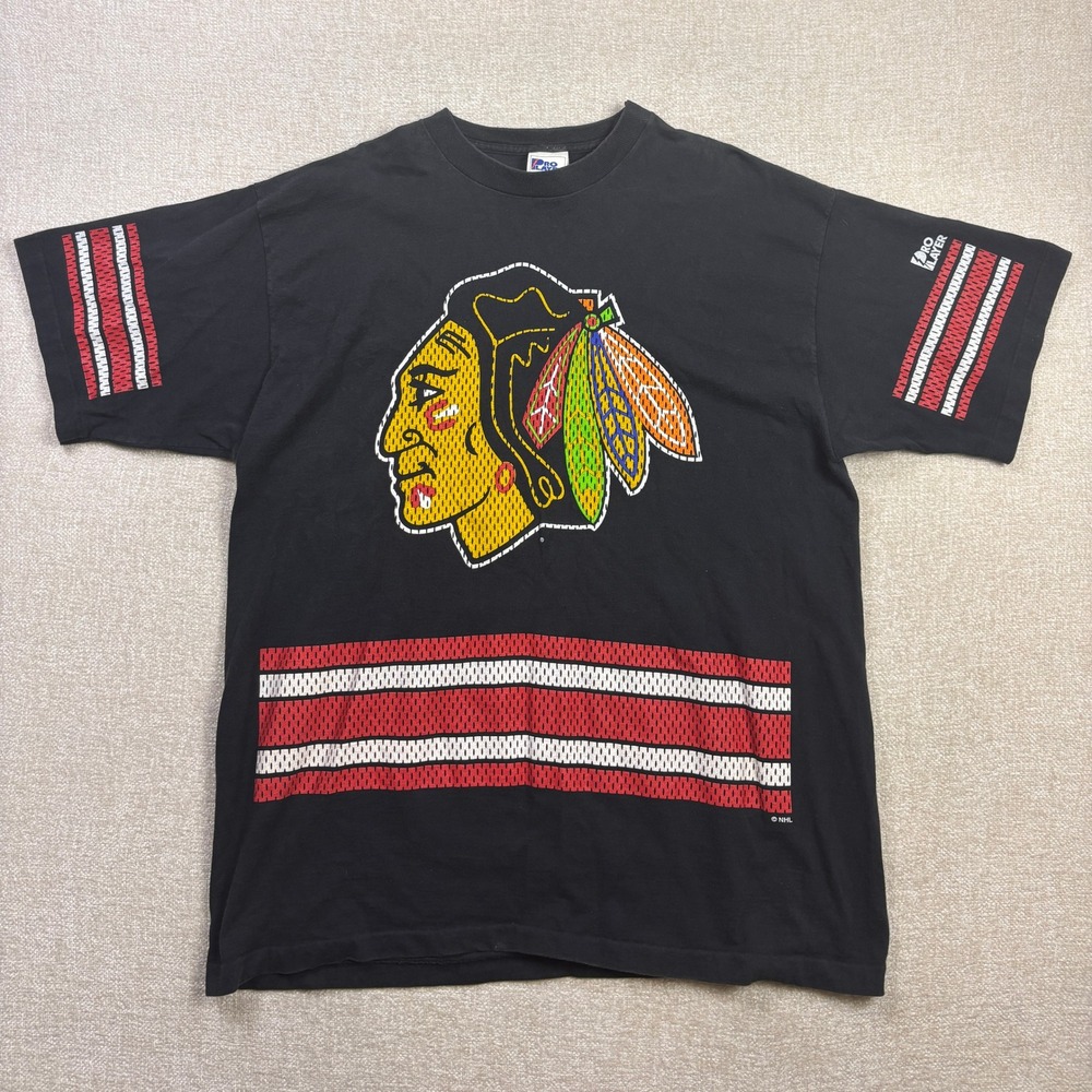 Vintage Pro Player Chicago Blackhawks NHL T Shirt Mens XXL Black Made in USA 90s